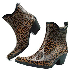 CORKYS Womens Girls Black Brown Leopard Print Cowgirl Ankle Rainboots Size US 5